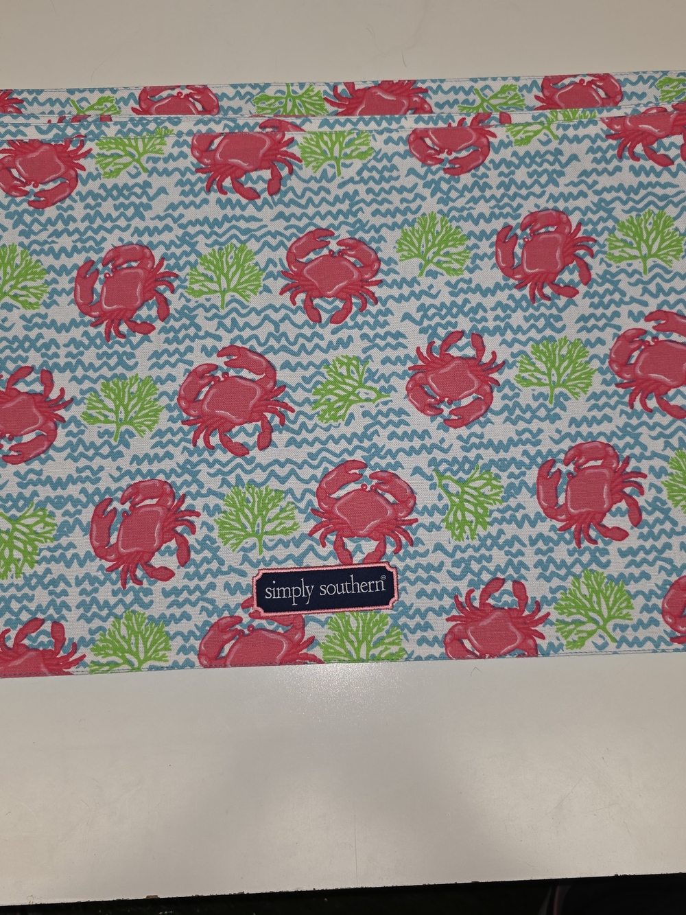 Simply Southern Coastal Blue White Pink Fabric Placemats Crabs Waves Coral 4pc
